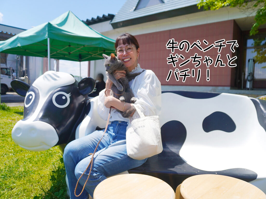 牛のベンチでギンちゃんとパチリ!