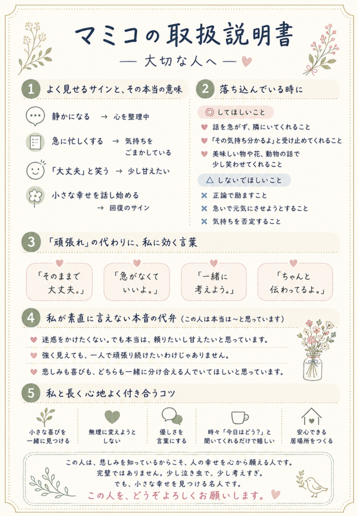 Chat GPTが作ってくれたマミコの取説（A6サイズ）
